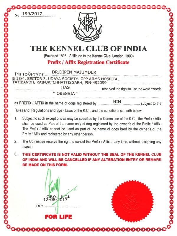 Prefix/Affix Registration Certificate